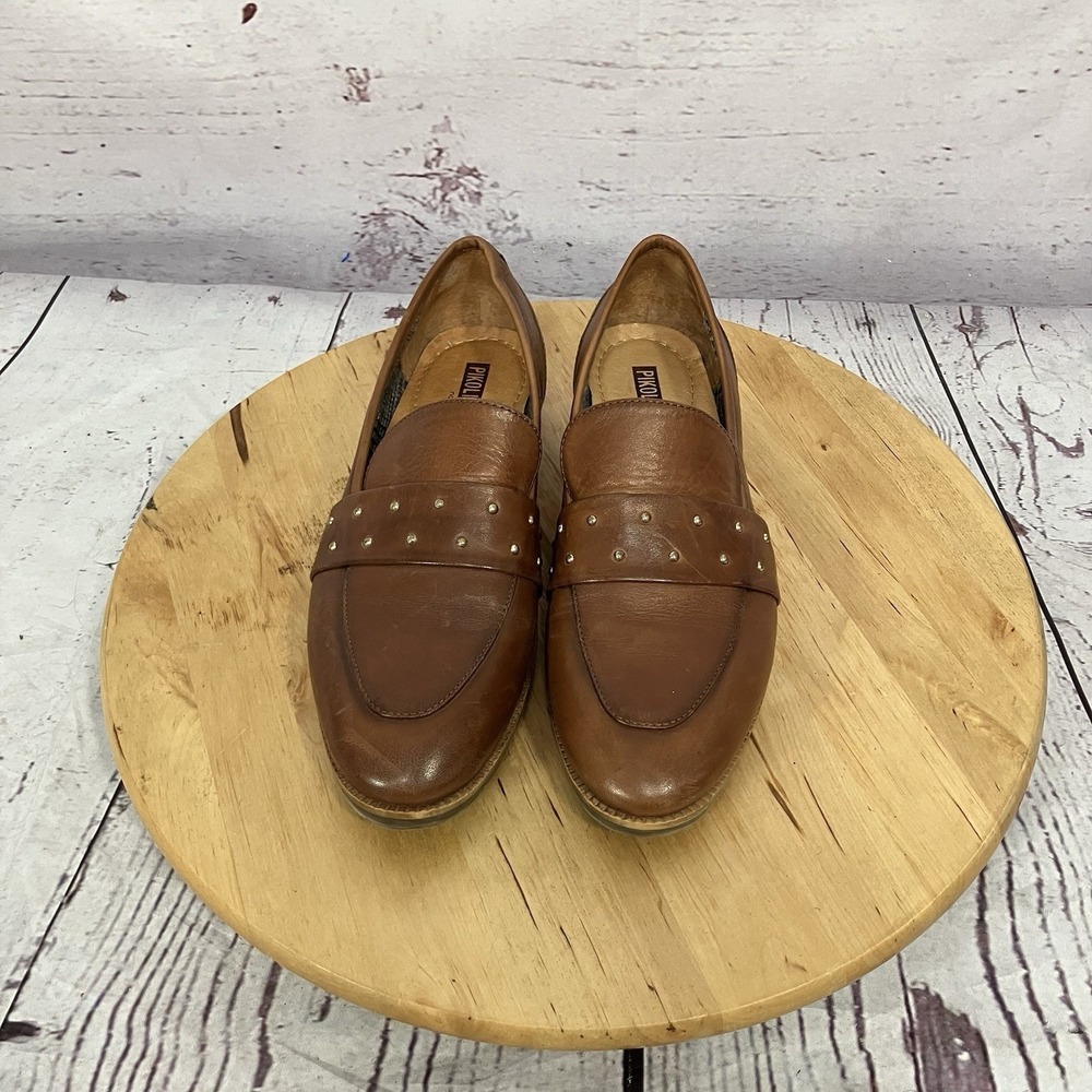 Pikolinos Brown Leather Loafers Womens 7.5 EU 38 Studded Comfort Slip On - Picture 3 of 10